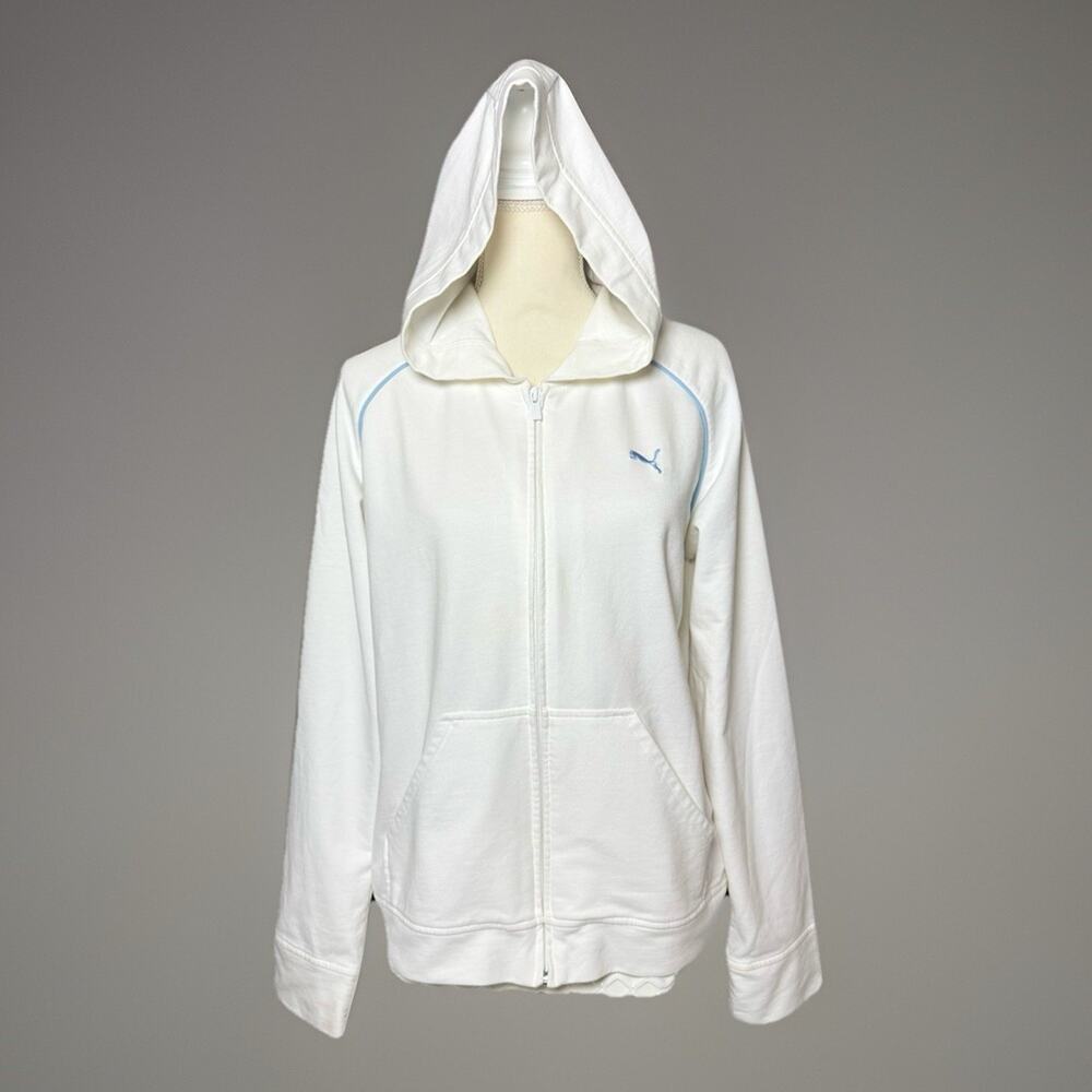 PUMA Full Zip XL Hooded Track‎ Jacket White Baby Blue Piping Logo Cotton Pockets